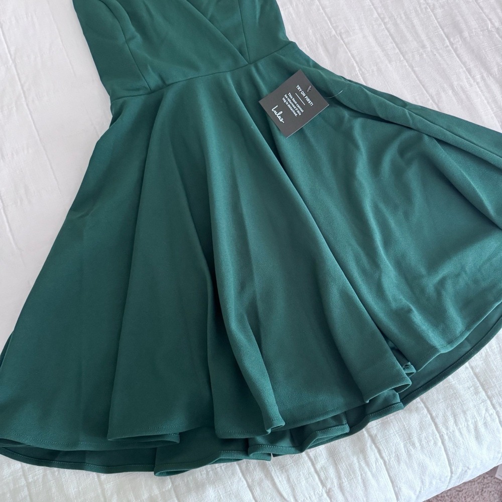Lulus Wonder Whirl Dark Green Twist Back Skater Dress XS NWT $49 MSRP Cocktail - Picture 5 of 11
